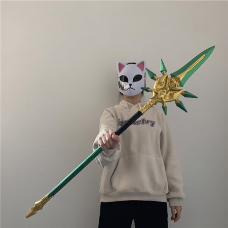 Exquisitely crafted Primordial Jade Winged-Spear Staff replica inspired by Genshin Impact's Xiao, made from safe PU rubber