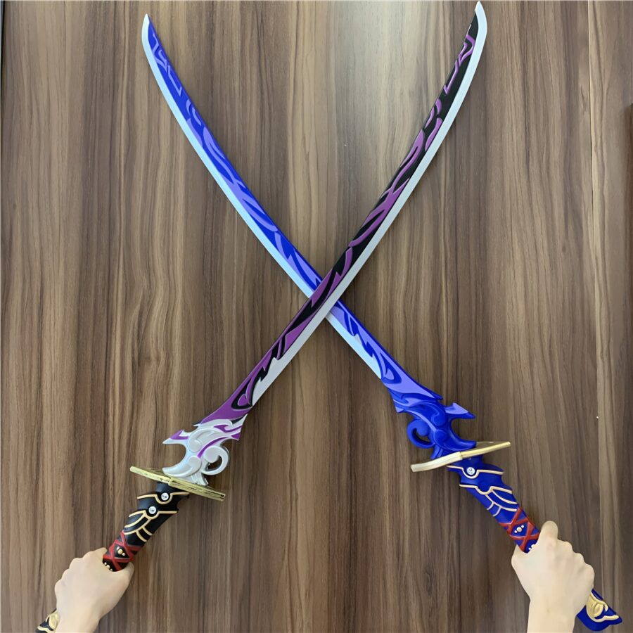 Exquisitely crafted Raiden Shogun Katana inspired by Genshin Impact, available in blue or purple styles, made from safe PU rubber