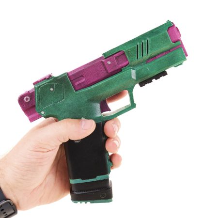 Rebecca`s pistol green and pink replica prop from Cyberpunk 2077 by Blasters4Masters