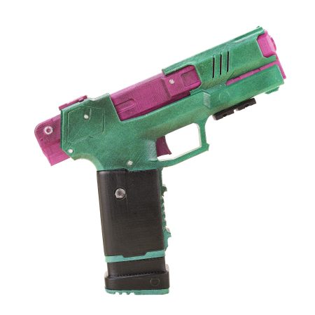 Rebecca`s pistol green and pink replica prop from Cyberpunk 2077 by Blasters4Masters