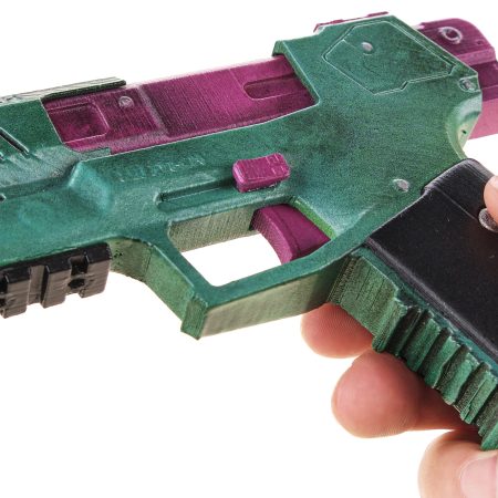 Rebecca`s pistol green and pink replica prop from Cyberpunk 2077 by Blasters4Masters
