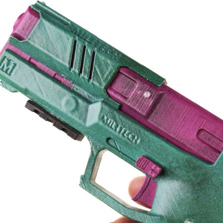 Rebecca`s pistol green and pink replica prop from Cyberpunk 2077 by Blasters4Masters