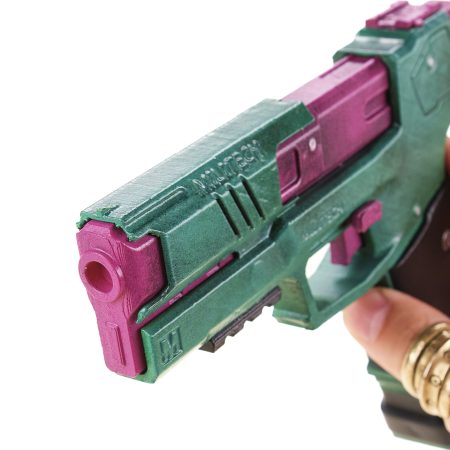 Rebecca`s pistol green and pink replica prop from Cyberpunk 2077 by Blasters4Masters
