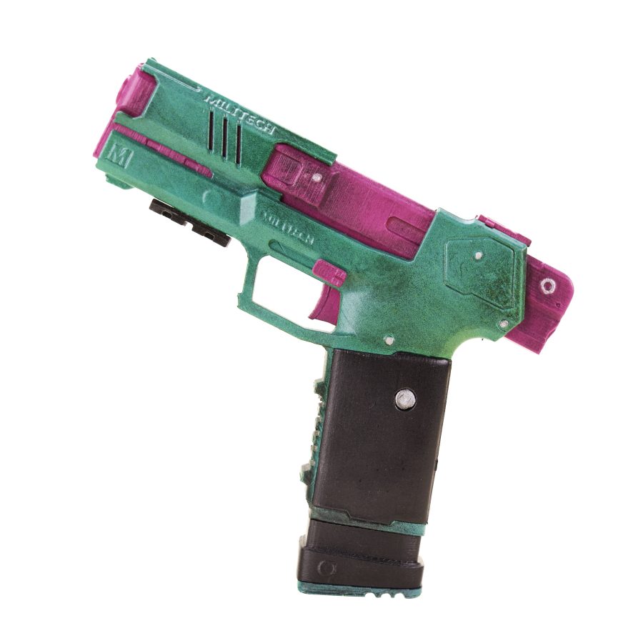 Rebecca`s pistol green and pink replica prop from Cyberpunk 2077 by Blasters4Masters